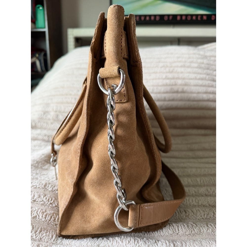 Michael Kors Hamilton Tan Suede Satchel Bag Silver Hardware Lock & Key Large - Picture 13 of 14